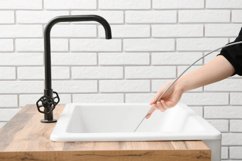 A person is using a plumbing snake to unclog a white sink with a black faucet, set against a white brick wall—a scene typical of professional drain cleaning Boone County residents can rely on.