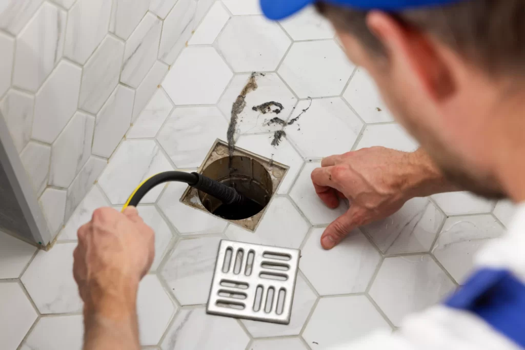 A plumber Boone County, MO, in uniform uses a tool to clear a clog from a bathroom floor drain, with the drain cover removed and placed nearby on hexagonal white tiles.