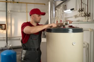 A technician in a red cap and work overalls, likely a plumber Boone County, uses a wrench to repair or install a water heater in a utility room with pipes and equipment visible in the background.