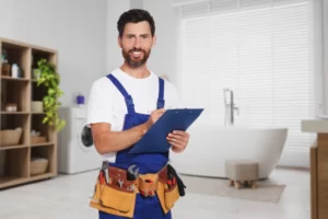 A smiling handyman in blue overalls and a tool belt holds a clipboard and pen in a bright, modern room with a washing machine&mdash;perfect for anyone seeking drain cleaning Boone County or expert plumber Boone County services.