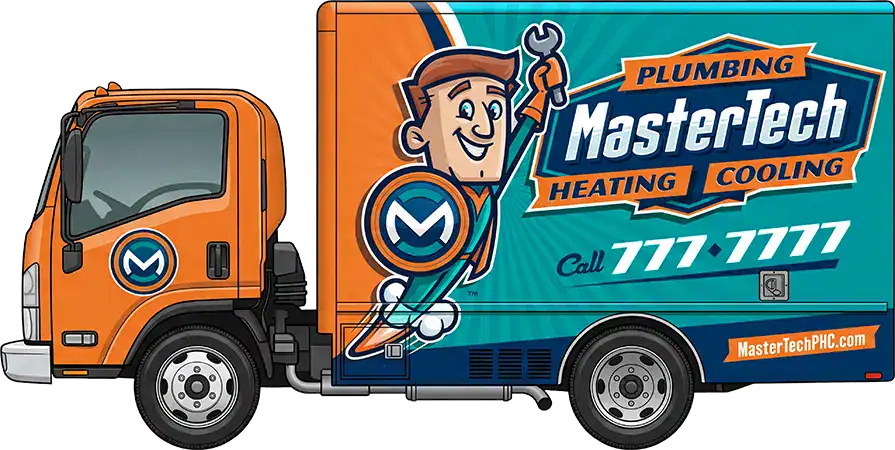 Image of a MasterTech Plumbing, Heating and Cooling wrapped service truck on a transparent background